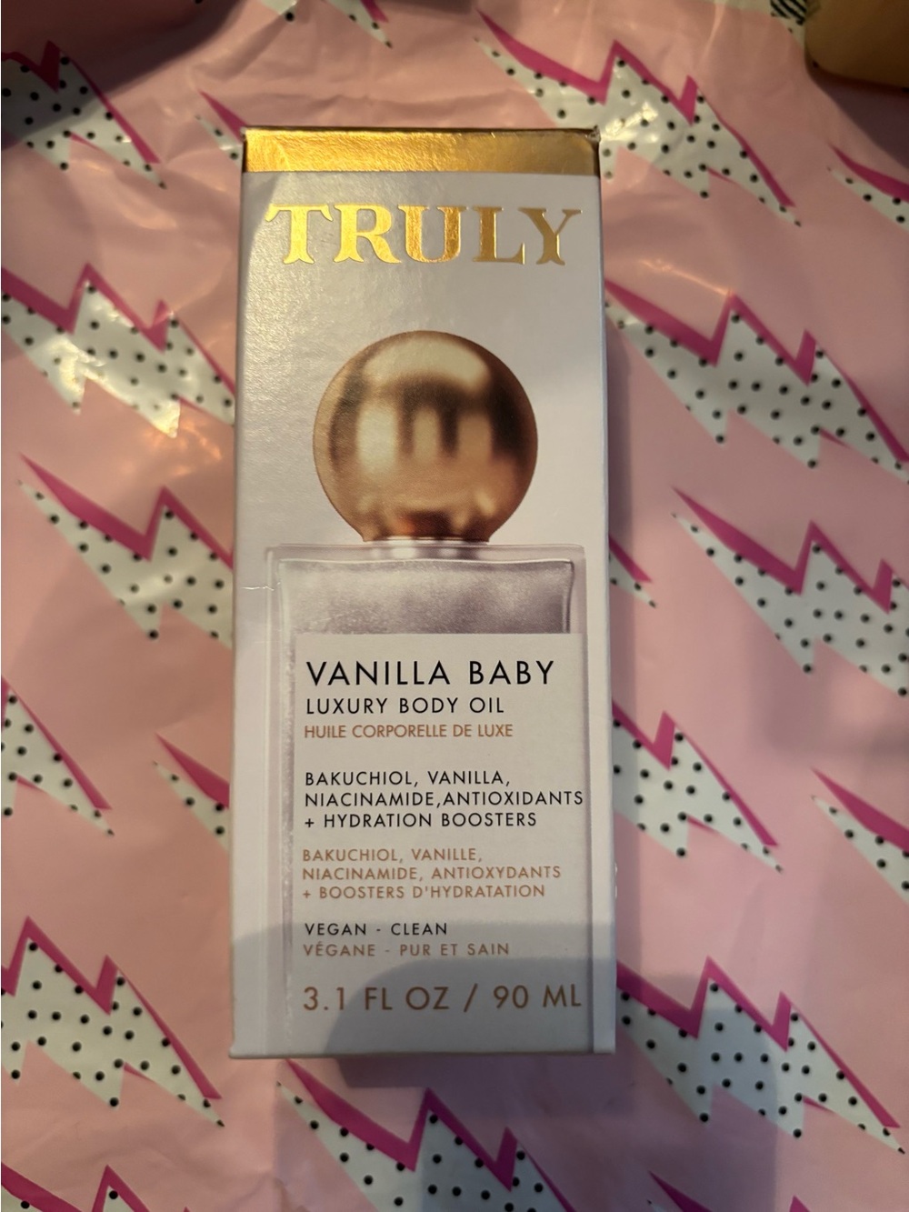 TRULY Vanilla Baby Luxury Body Oil – Gold and Pink Accents
